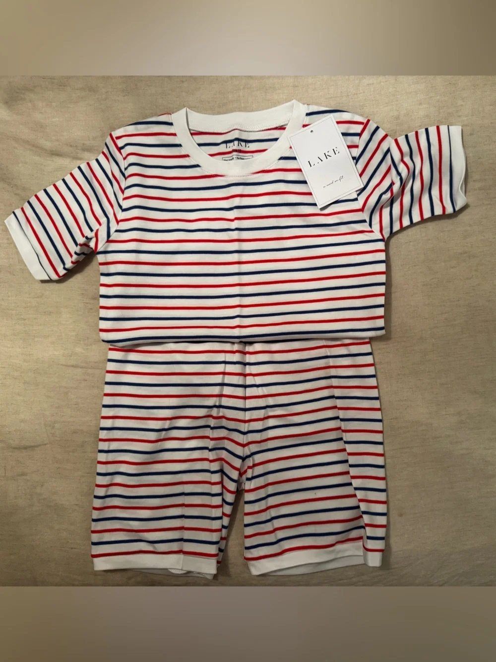 LAKE Kids' White Short-Sleeve Pajama Set with Red and Blue Stripes size 12
